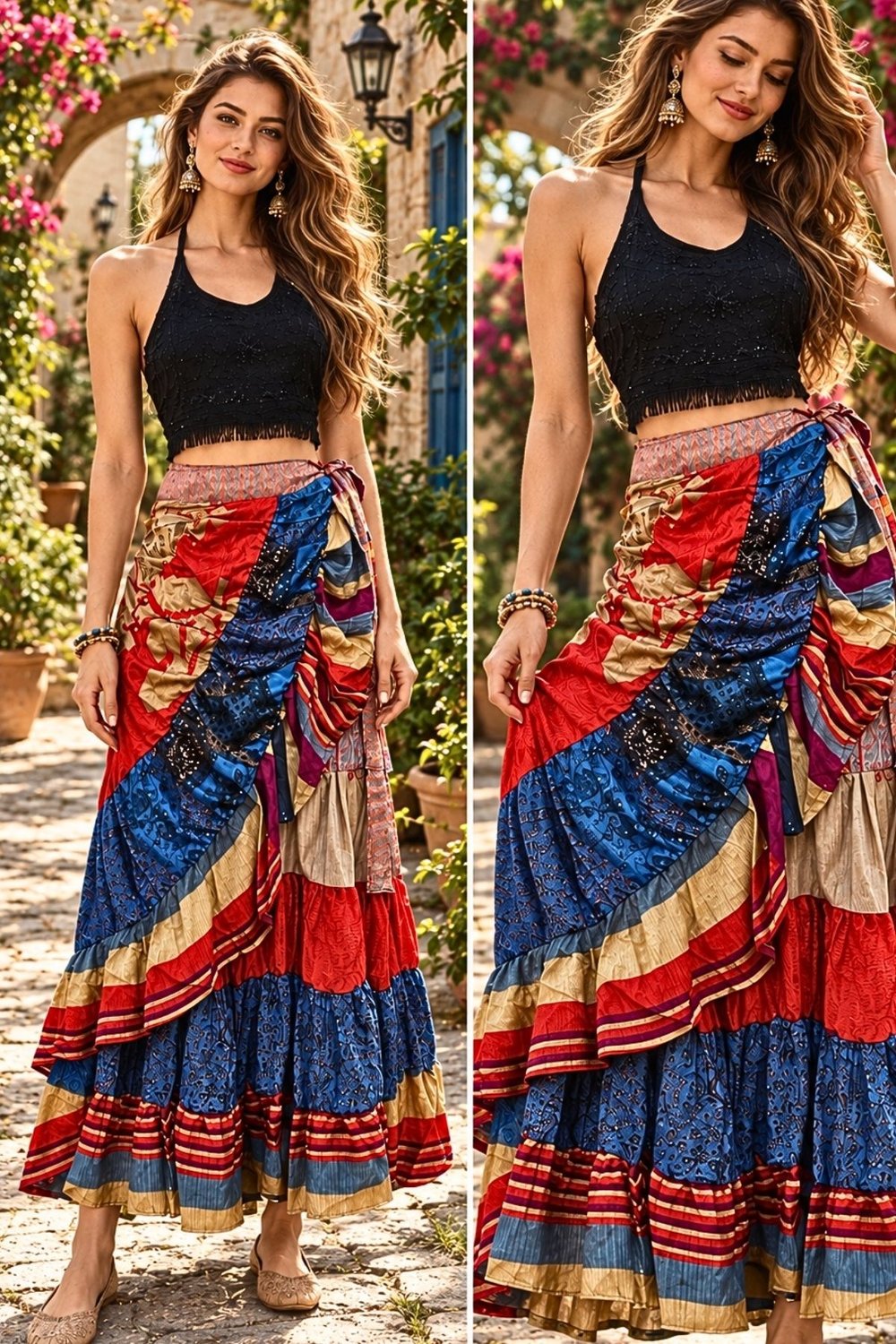 Patchwork Detaylı Bohem Desenli Anvelop Etek 