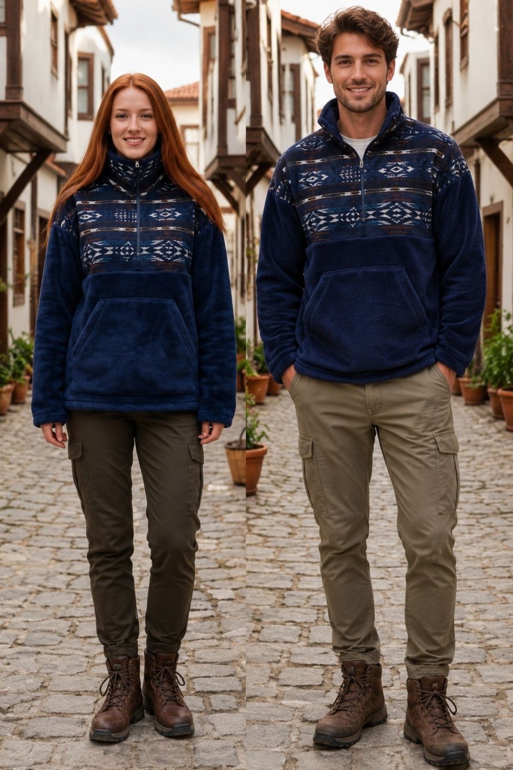 Unisex Boğazlı Etnik Desenli Peluş Sweatshirt