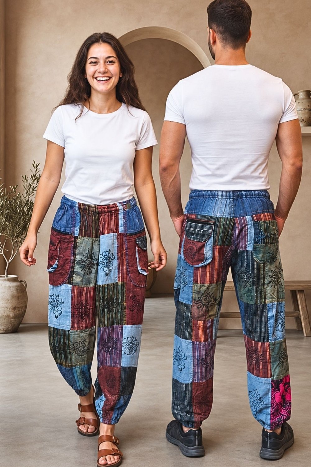 Unisex Boho Chic Kargo ve Fermuarlı Cep Detaylı Patchwork Etnik Pantolon
