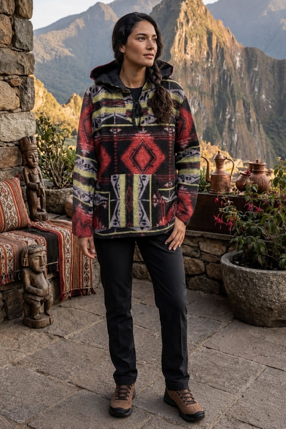 Unisex Etnik Desenli Kapüşonlu Sweatshirt