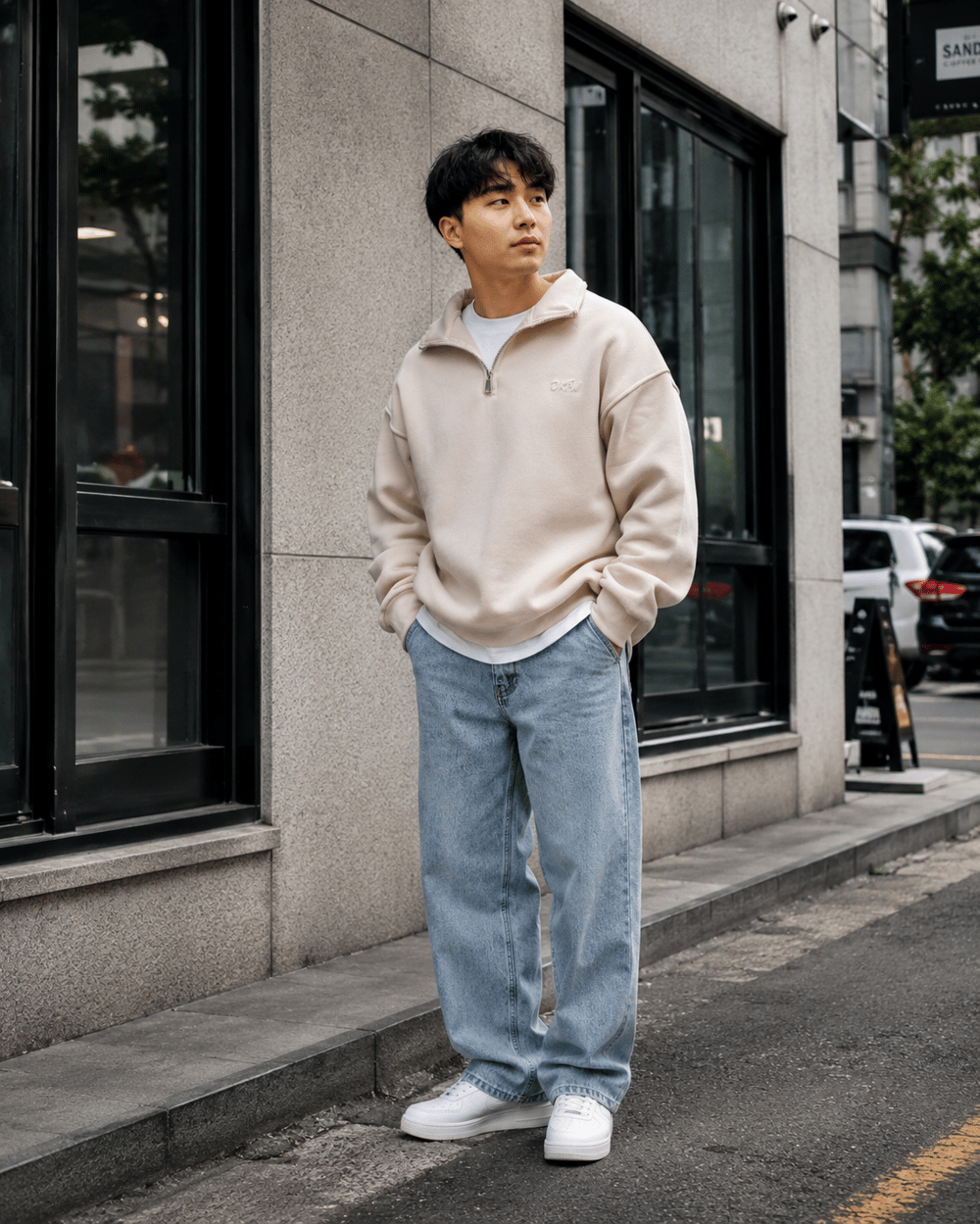 DKPW GOFRE BASKILI DİK YAKA YARIM FERMUARLI SWEATSHİRT KREM