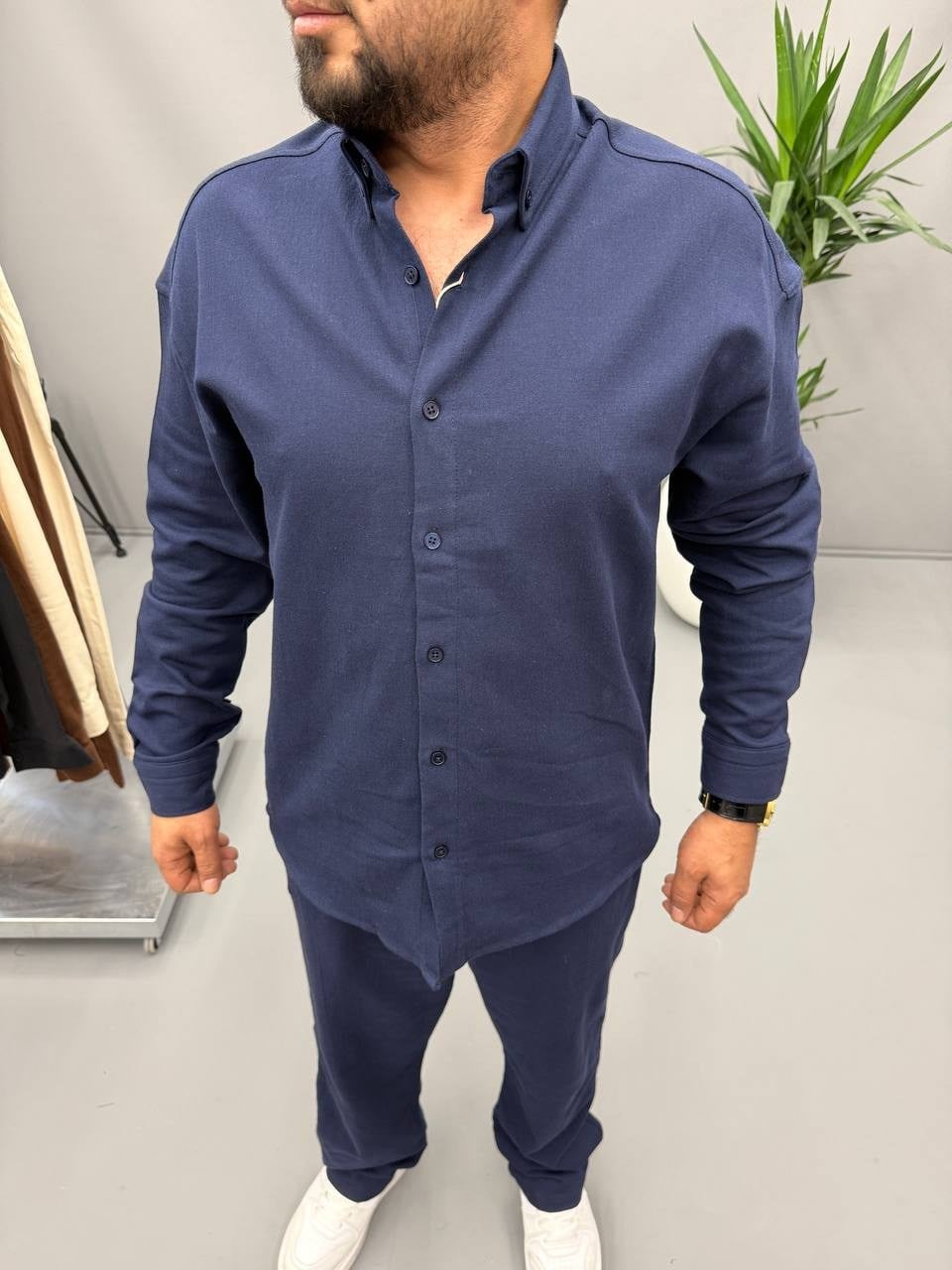 DUKA CROP KESİM KETEN LACİVERT GÖMLEK