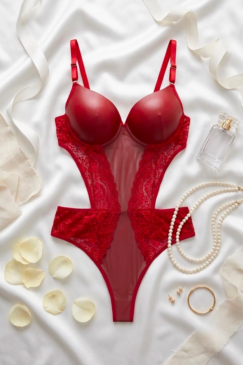 Midnight Elegance Kırmızı Destekli Bodysuit