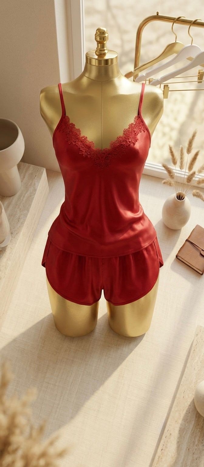 Saten Askılı Şortlu Pijama Takımı Dantel Detaylı Rahat Ev Giyimi