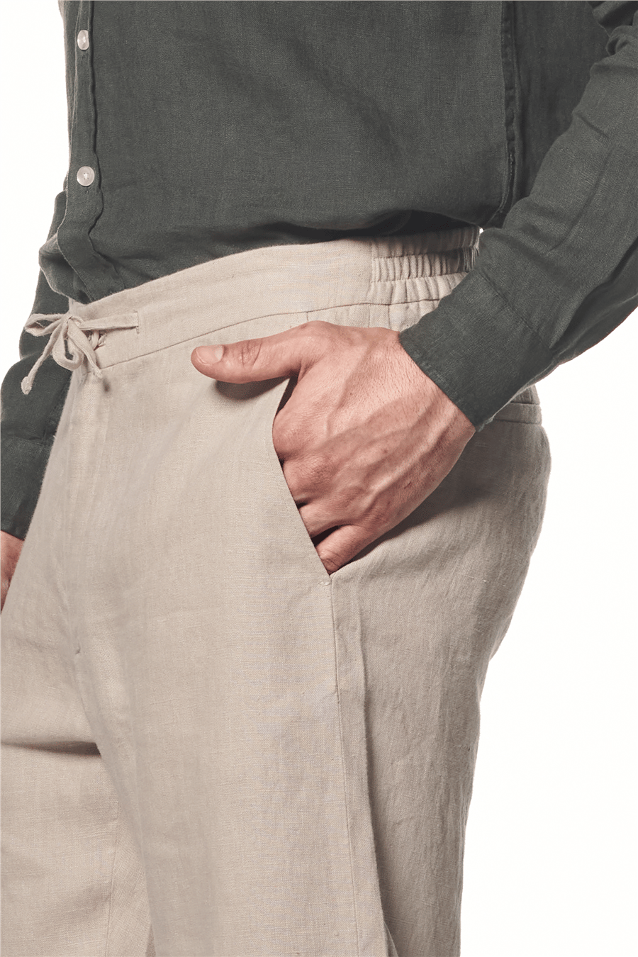 %100 Keten Beli Lastikli Pantolon
