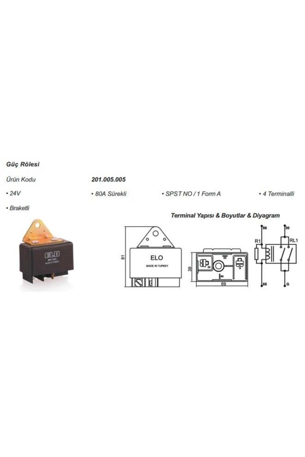24V RÖLE 4 UÇLU 80 A (BÜYÜK TİP) (DİRENÇLİ)