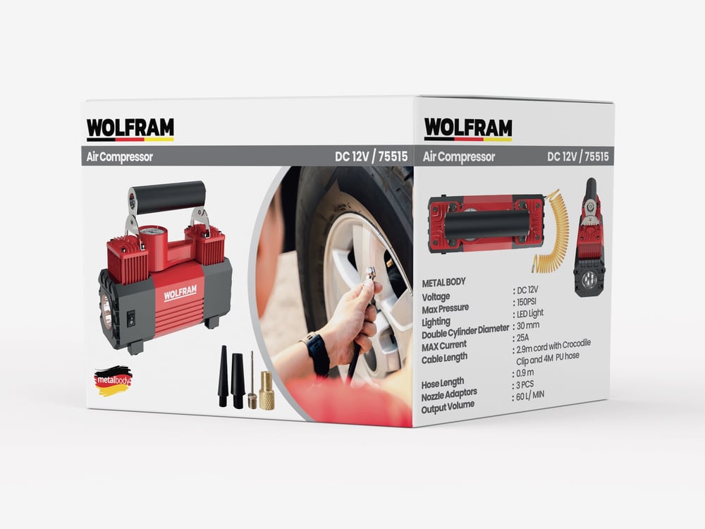 12V Çift Silindirli Metal Hava Kompresörü 150 PSI LED Aydınlatmalı - WOLFRAM 75515