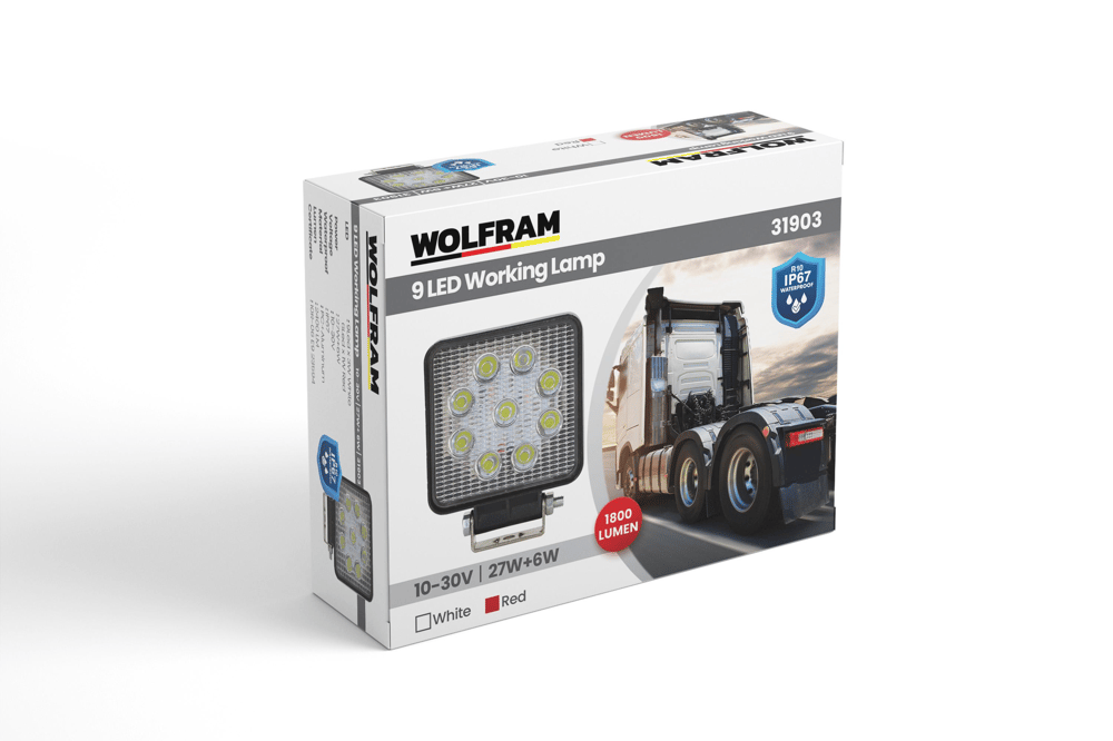 Led Kare Çalışma Lambası 9 Led Beyaz Işık Kırmızı Stop Fonksiyonlu 10/30v E-belgeli 27 6w 31903