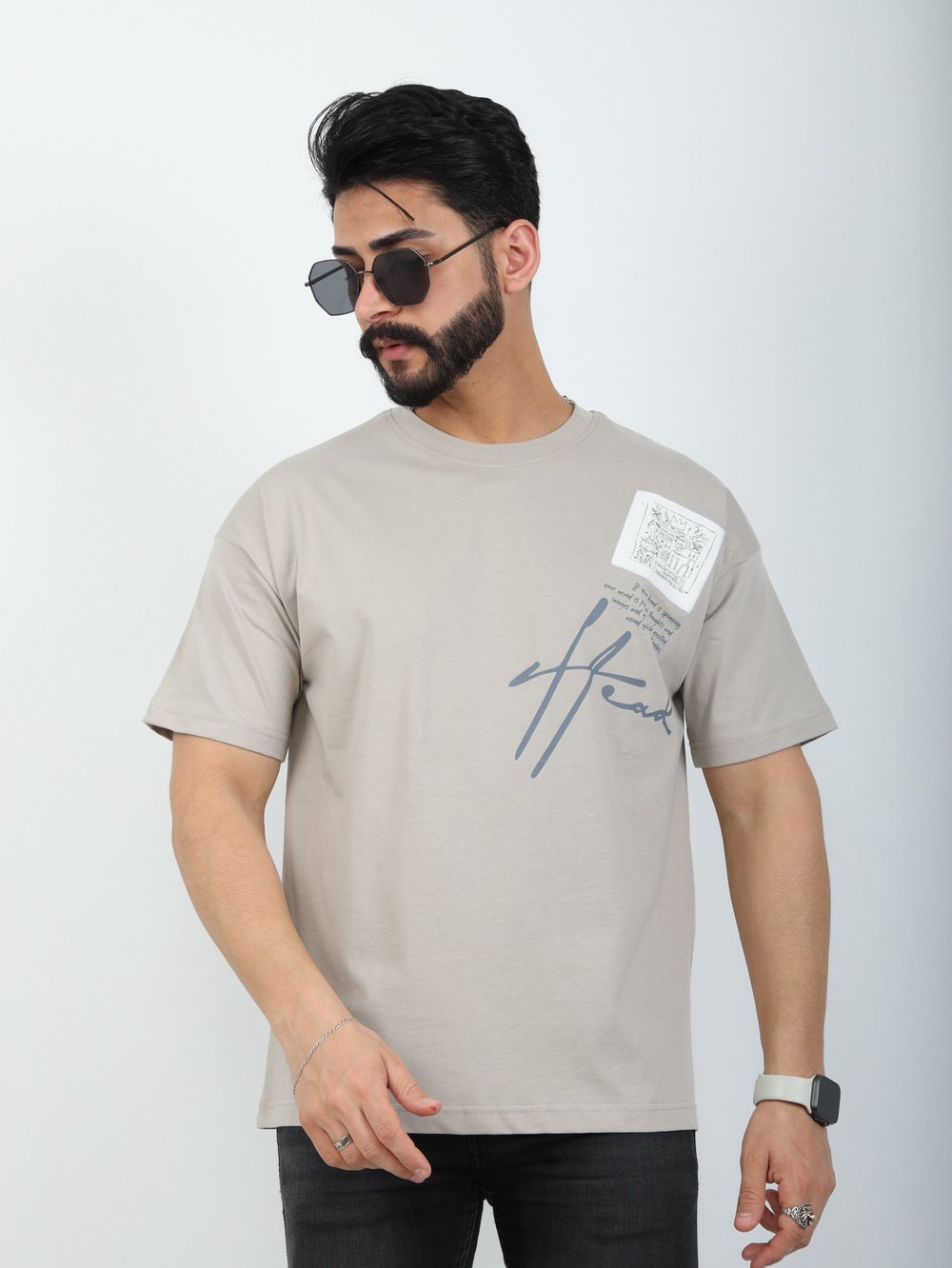 Erkek Bisiklet Yaka Baskılı Nakışlı Oversize Tişört