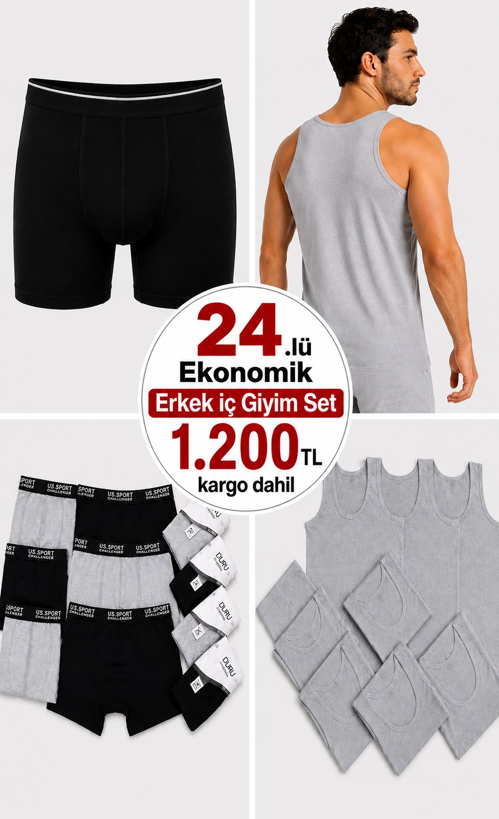 24 parça Erkek iç Giyim Set Gri