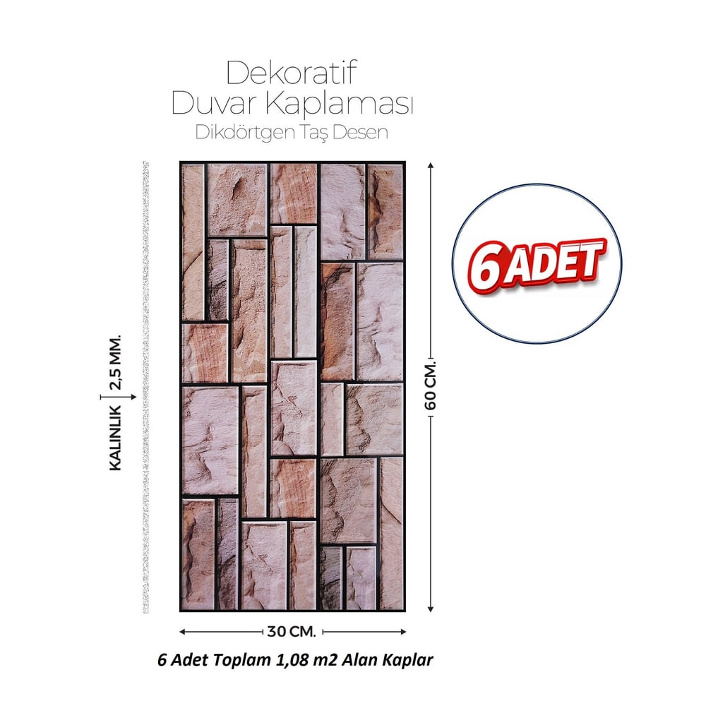 30X60 cm Kendinden Yapışkanlı Duvar,banyo,tezgah Arası Kaplama Kahverengi Tuğla Desen 6 Adet