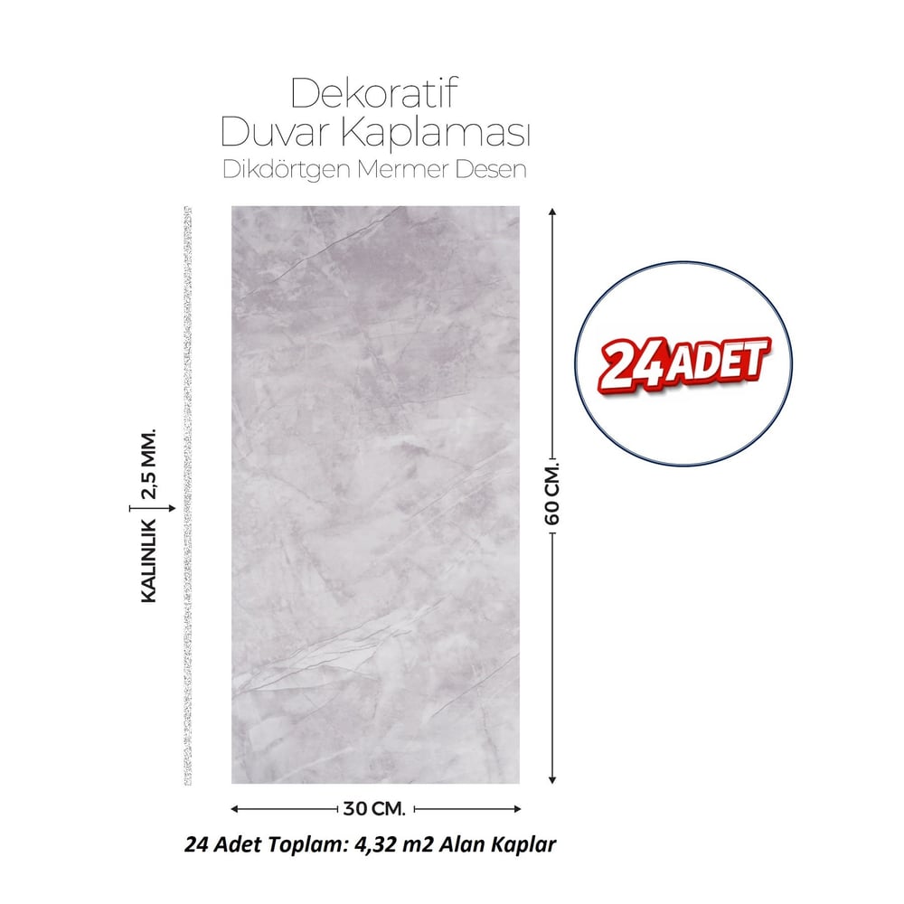 30X60 cm Kendinden Yapışkanlı Duvar,banyo,tezgah Arası Kaplama Açık Gri-24 Adet