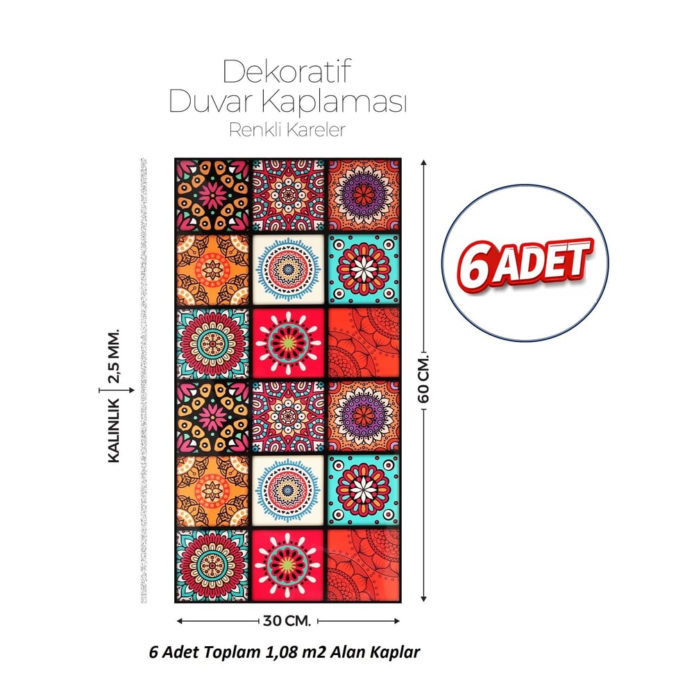30X60 cm Kendinden Yapışkanlı Duvar,banyo,tezgah Arası Kaplama Çok Renkli 6 Adet