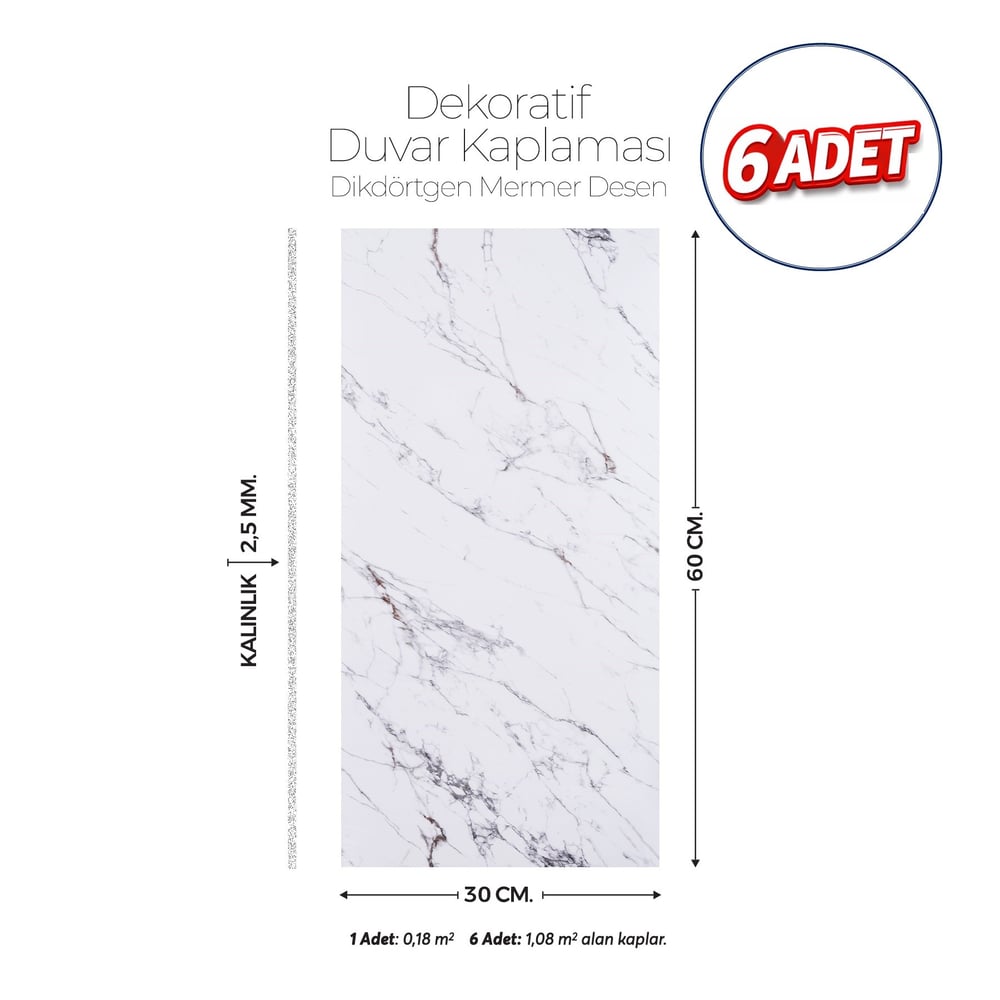 30X60 cm Kendinden Yapışkanlı Duvar,banyo,tezgah Arası Kaplama Açık Mermer Desen 6 Adet