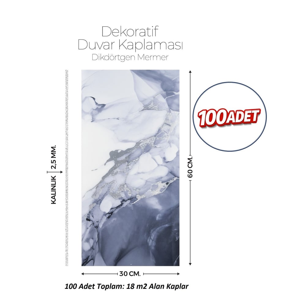 30X60 cm Kendinden Yapışkanlı Duvar,banyo,tezgah Arası Mavi Gri Mermer Desen-100 Adet