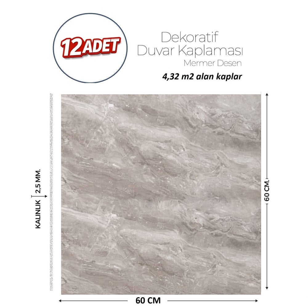 60X60 cm Kendinden Yapışkanlı Duvar,banyo,tezgah Arası Gri Mermer-12 Adet