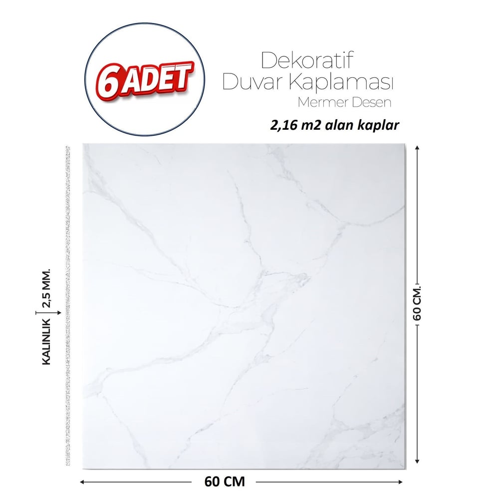 60X60 cm Kendinden Yapışkanlı Duvar,banyo,tezgah Arası BeyazMermer-6 Adet