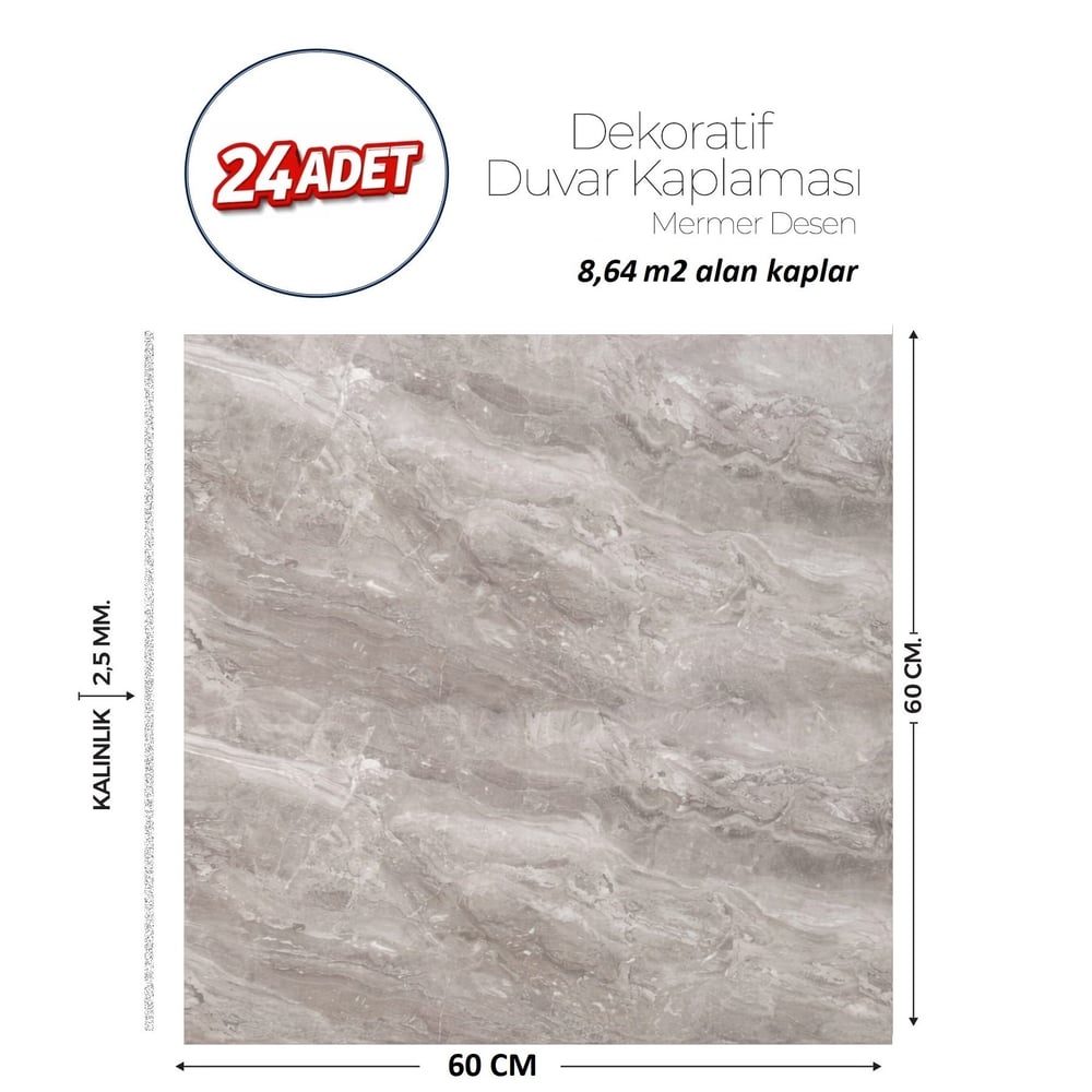 60X60 cm Kendinden Yapışkanlı Duvar,banyo,tezgah Arası Gri Mermer-24 Adet