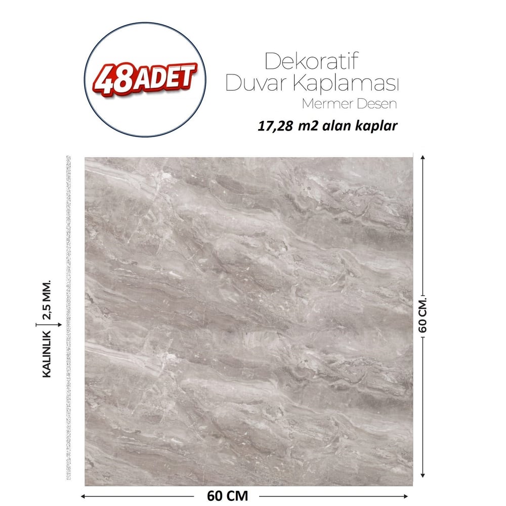 60X60 cm Kendinden Yapışkanlı Duvar,banyo,tezgah Arası Gri Mermer-48 Adet