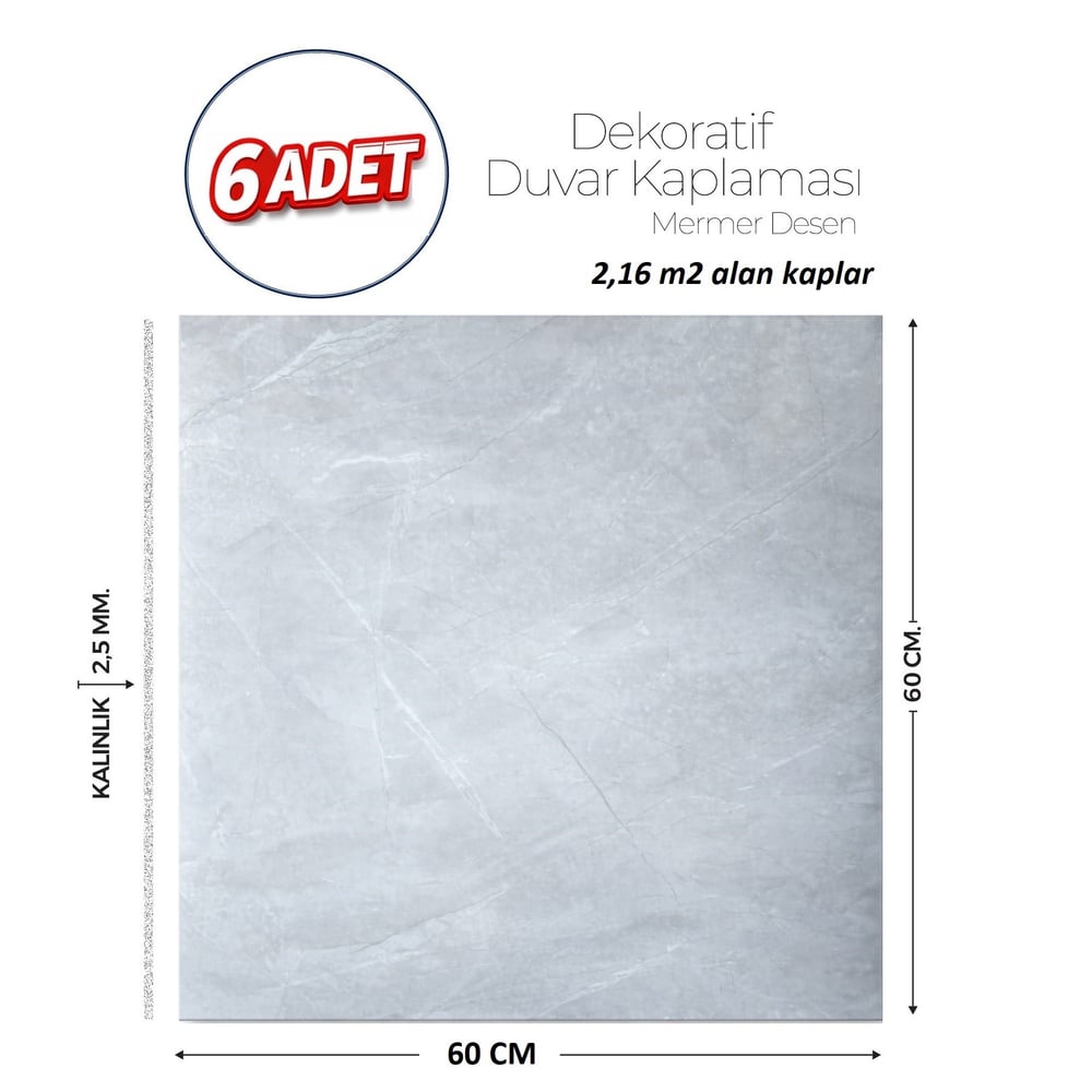60X60 cm Kendinden Yapışkanlı Duvar,banyo,tezgah Arası Açık Gri Mermer-6 Adet