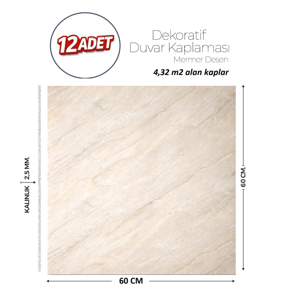 60X60 cm Kendinden Yapışkanlı Duvar,banyo,tezgah Arası Bej Mermer-12 Adet