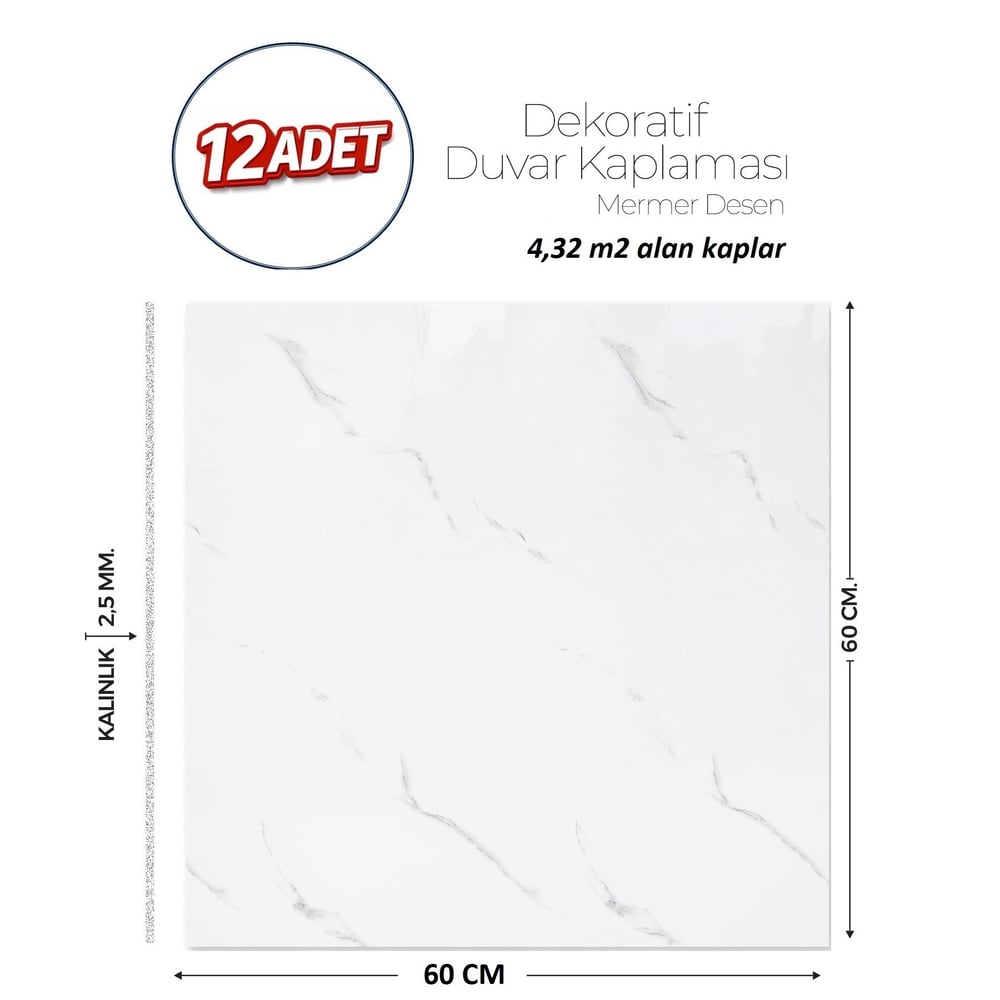 60X60 cm Kendinden Yapışkanlı Duvar,banyo,tezgah Arası Beyaz Mermer-12 Adet