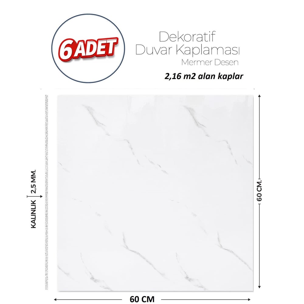 60X60 cm Kendinden Yapışkanlı Duvar,banyo,tezgah Arası Beyaz Mermer-6 Adet