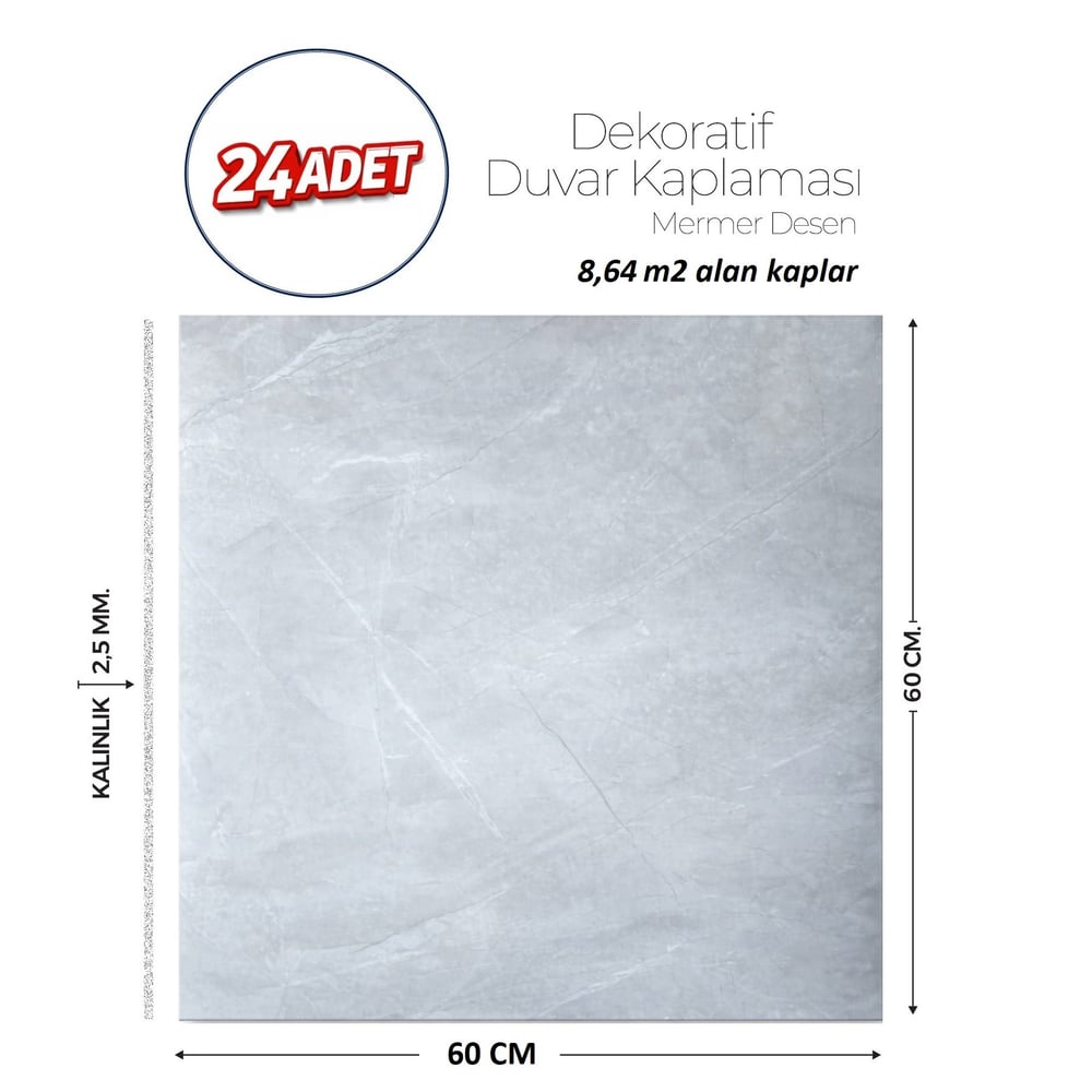 60X60 cm Kendinden Yapışkanlı Duvar,banyo,tezgah Arası Açık Gri Mermer-24 Adet