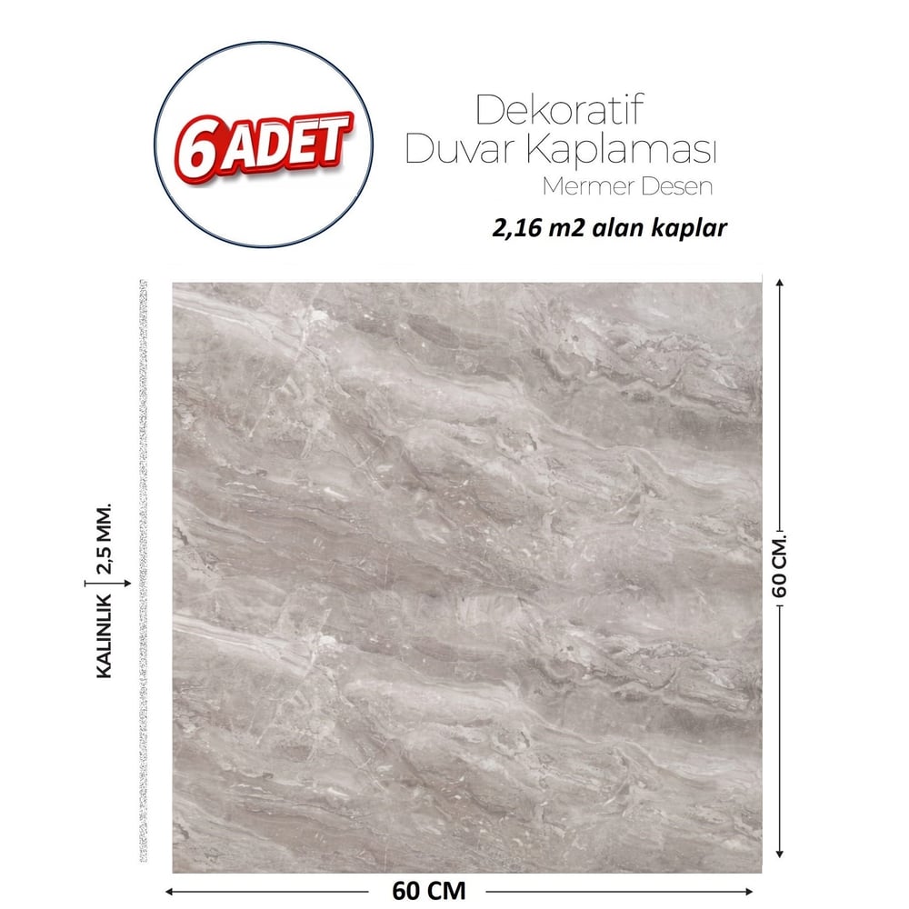 60X60 cm Kendinden Yapışkanlı Duvar,banyo,tezgah Arası Gri Mermer-6 Adet
