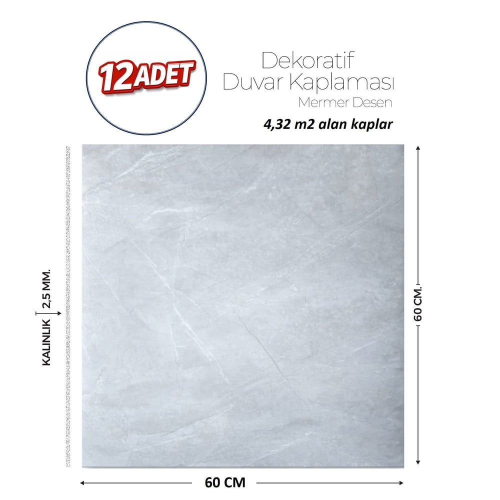 60X60 cm Kendinden Yapışkanlı Duvar,banyo,tezgah Arası Açık Gri Mermer-12 Adet