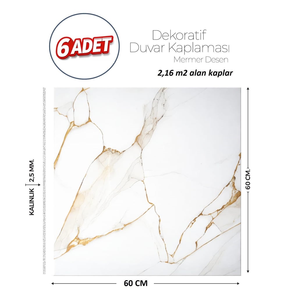 60X60 cm Kendinden Yapışkanlı Duvar,banyo,tezgah Arası Beyaz-Gold Mermer-6 Adet
