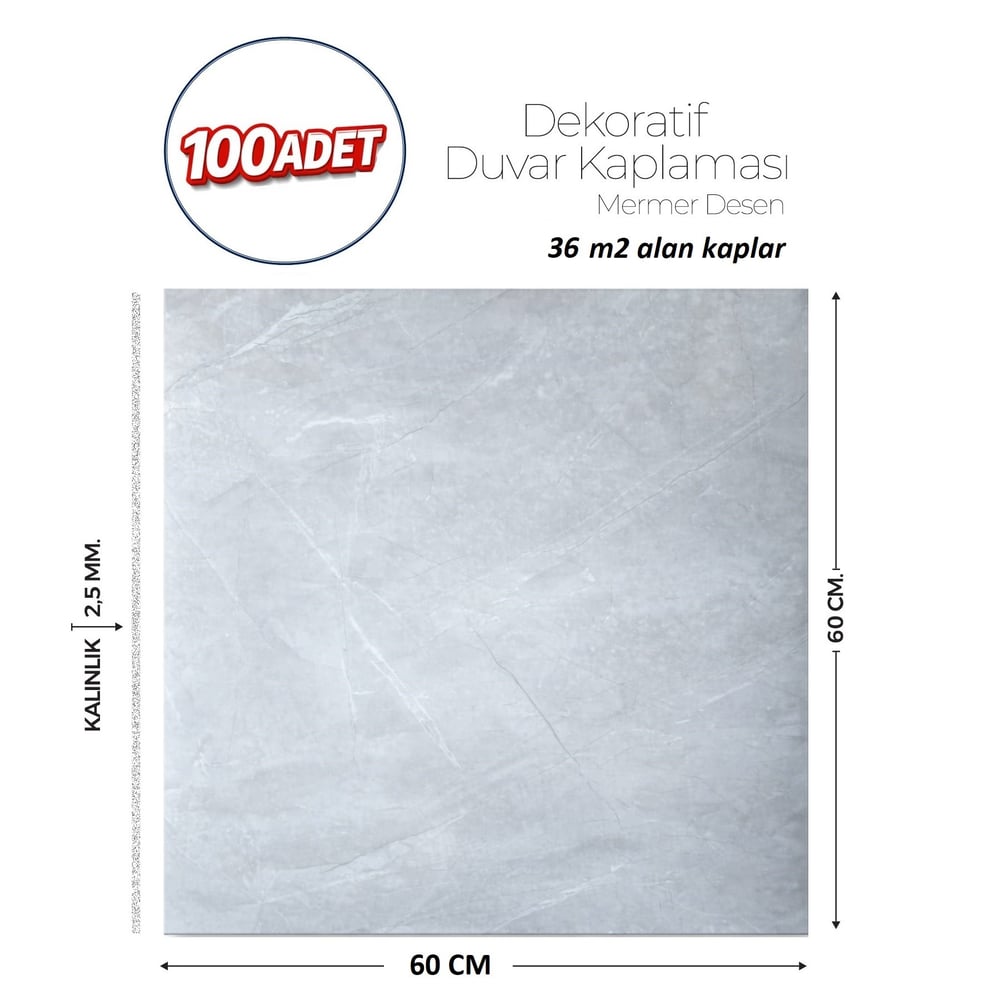60X60 cm Kendinden Yapışkanlı Duvar,banyo,tezgah Arası Açık Gri Mermer-100 Adet