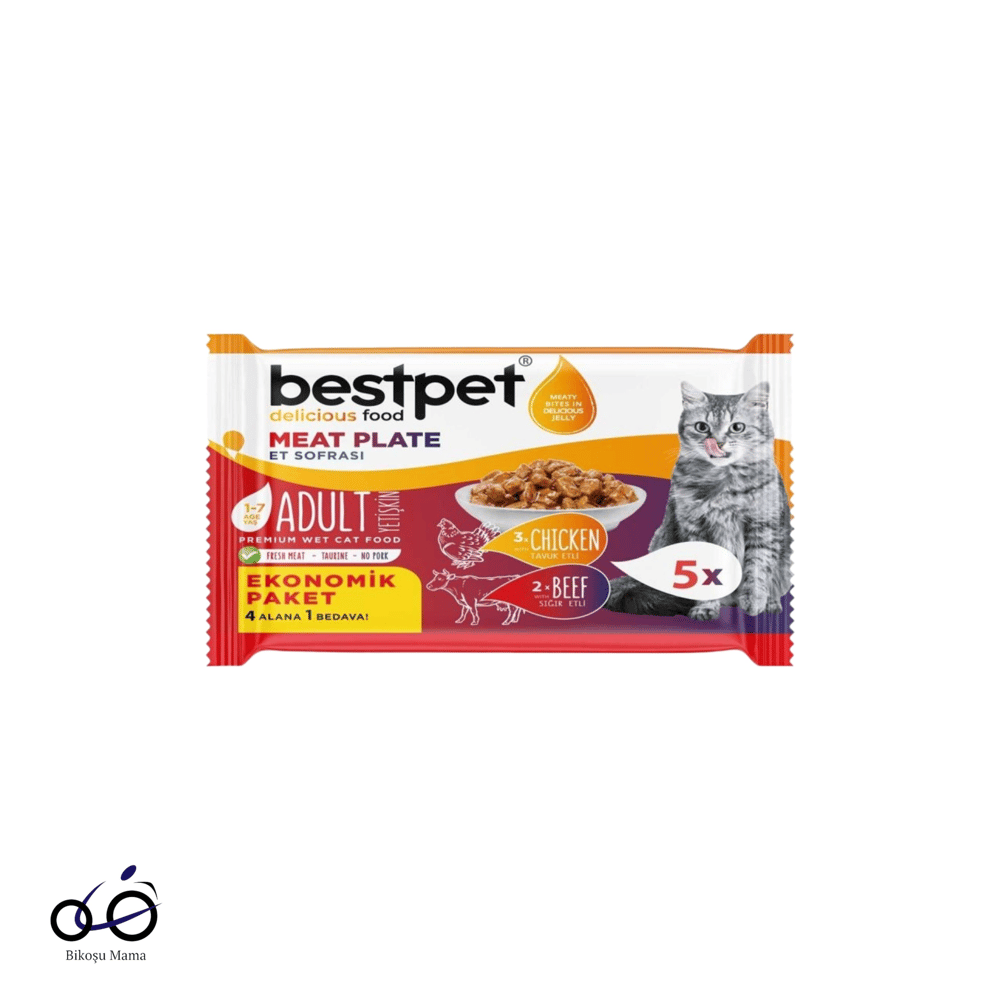 Bestpet Jöle İçinde Tavuk Etli, Sığır Etli Tahılsız Ekonomik Et Sofrası Yetişkin Kedi Yaş Paketi 5x85gr