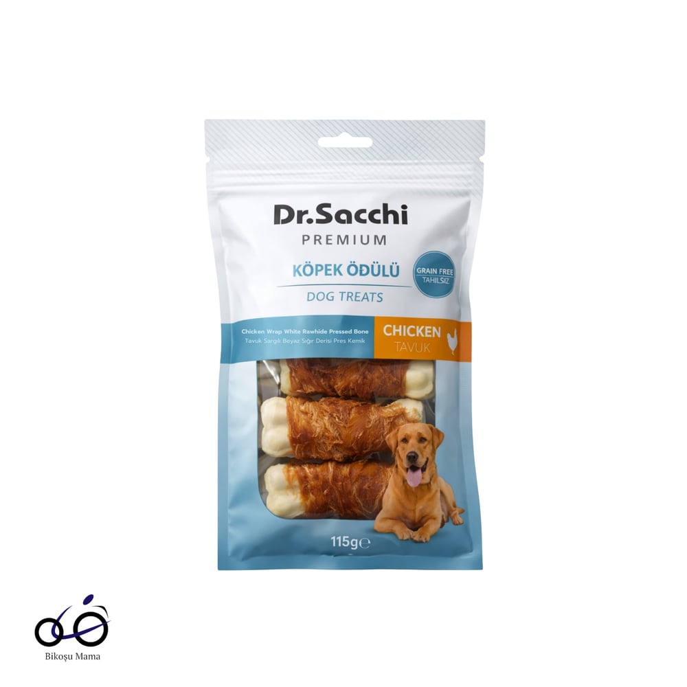 Dr.Sacchi Premium Tavuk Sargılı Beyaz Sığır Derisi Pres Kemik Tahılsız Köpek Ödülü 3” 5'li 115gr