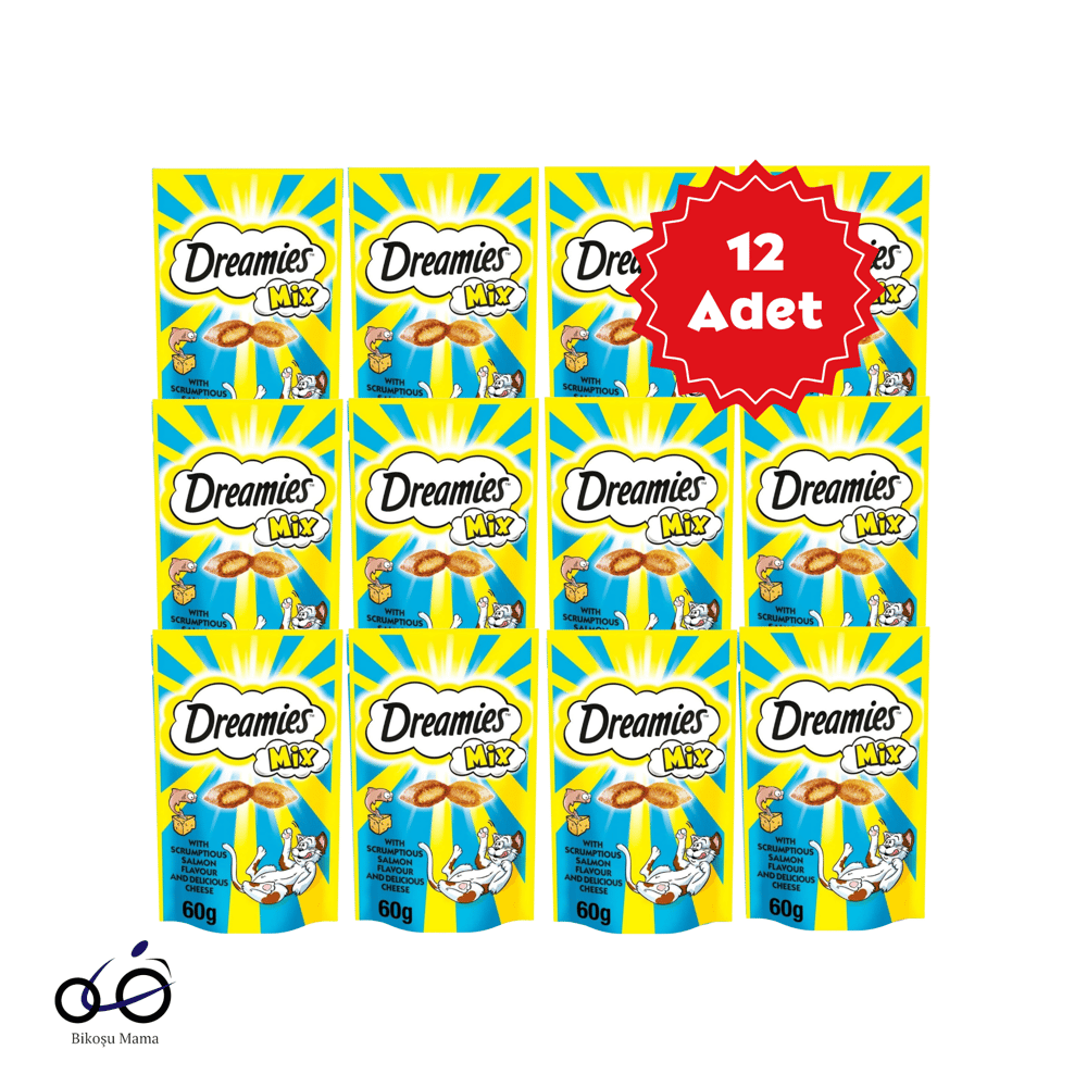 Dreamies Mix Somonlu ve Peynirli Kedi Ödülü 12x60g | Bikoşu Dreamies Mix İç Dolgulu Somonlu ve Peynirli Kedi Ödül Bisküvisi 12x60gr