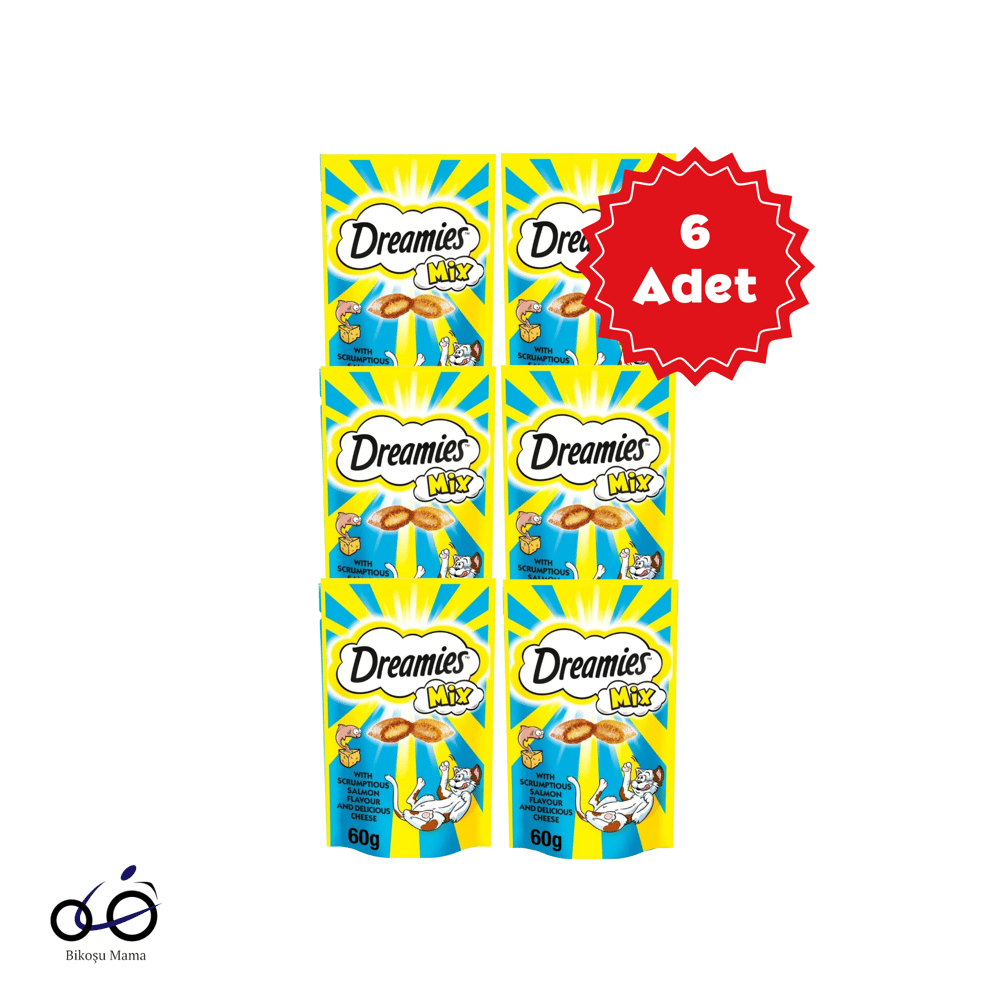 Dreamies Mix Somonlu ve Peynirli Kedi Ödülü 6x60g | Bikoşu Dreamies Mix İç Dolgulu Somonlu ve Peynirli Kedi Ödül Bisküvisi 6x60gr