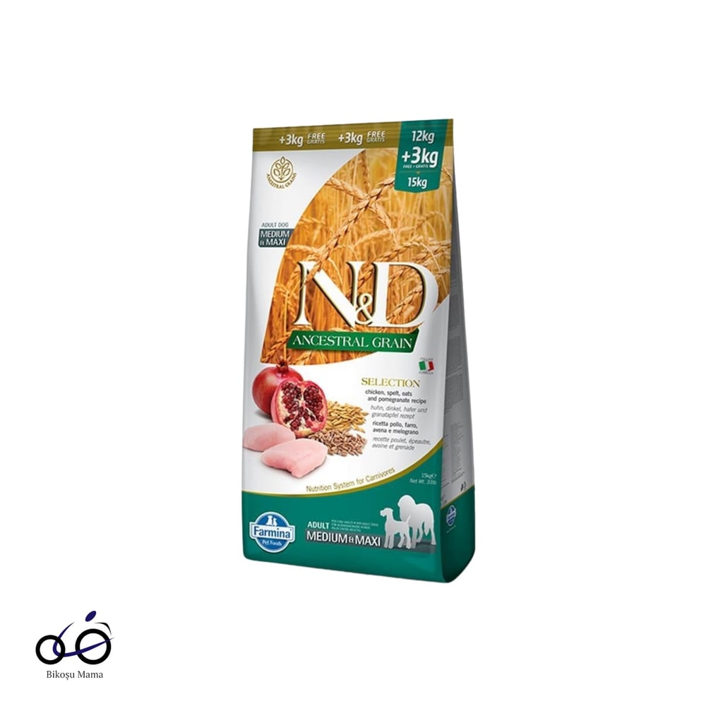N&D Ancestral Grain Düşük Tahıllı Tavuk Etli ve Narlı Kuru Köpek Maması 12+3kg