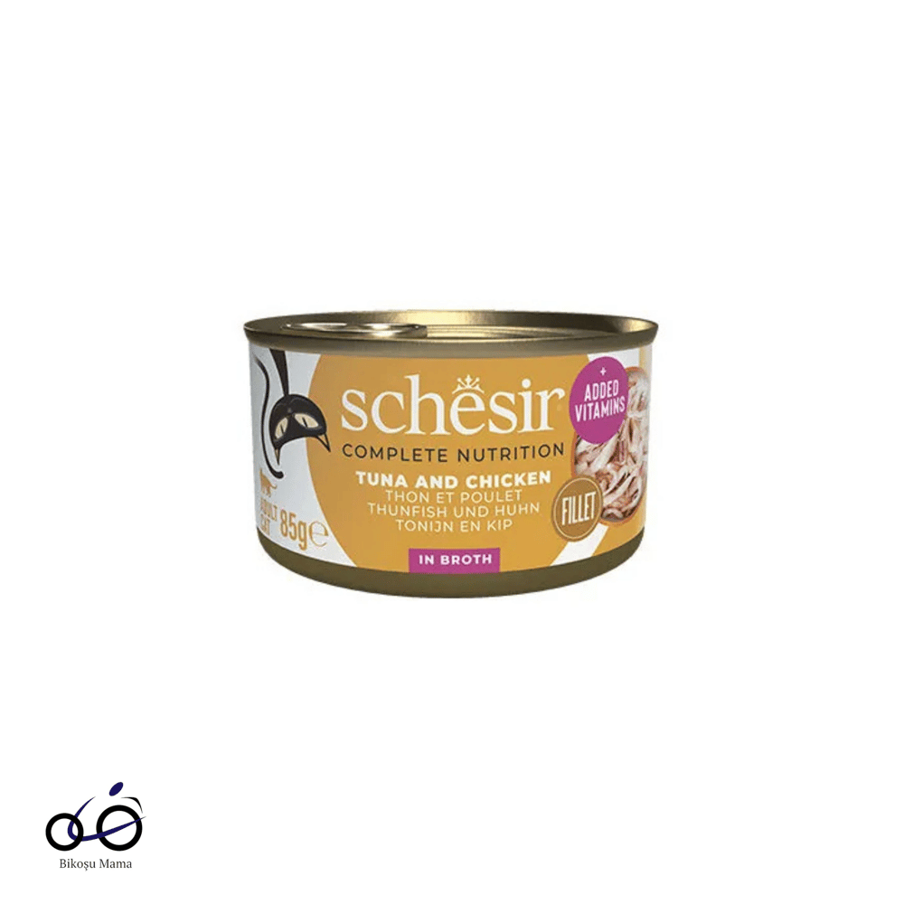 Schesir Ton Balıklı Tavuk Filetolu ve Pirinçli Pişirme Suyunda Yetişkin Kedi Konservesi 85gr