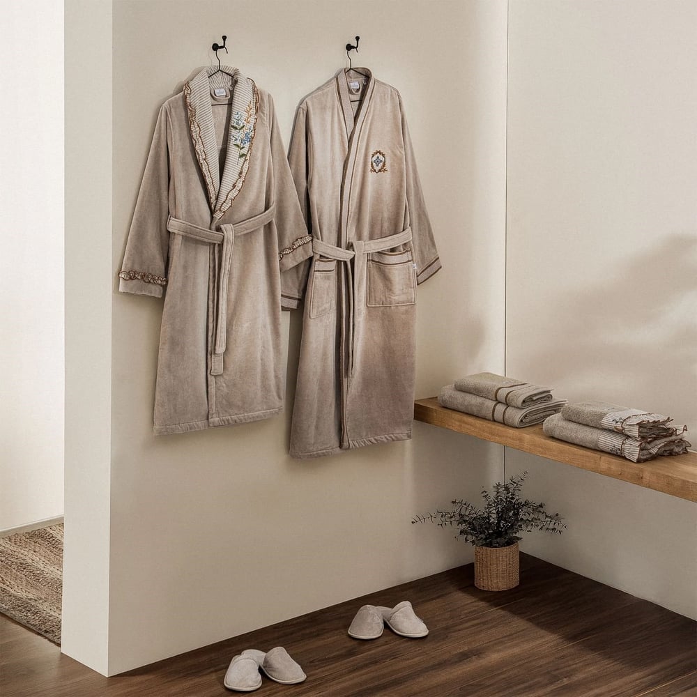 Eco Cotton Latifa Aile Bornoz Seti Organik Pamuk Bej-Bej M/L