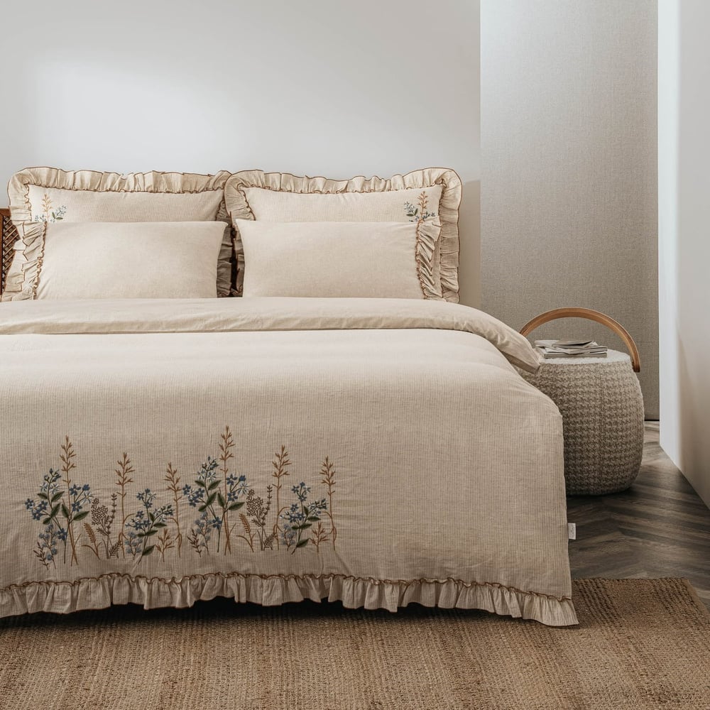 Eco Cotton Latifa Çift Kişilik Nevresim Takımı Organik Pamuk Keten Nakışlı Bej