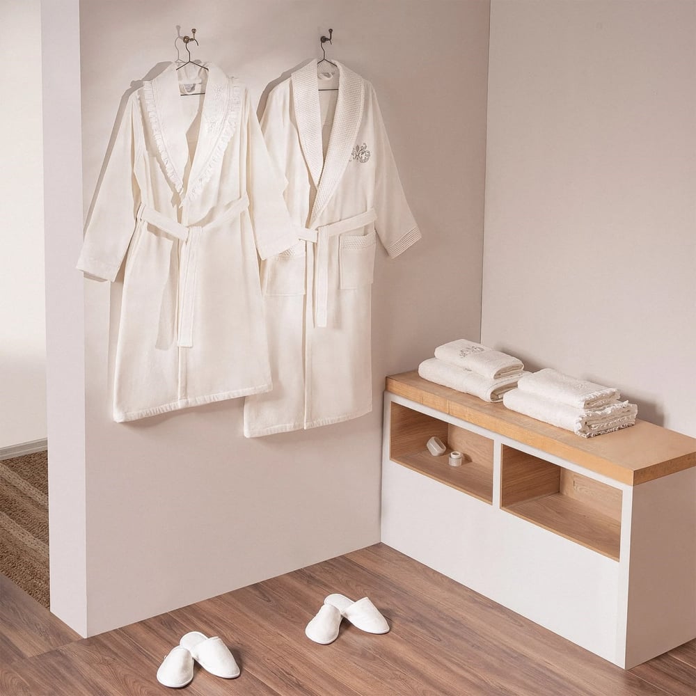 Eco Cotton Nare Aile Bornoz Seti Organik Pamuk Krem-Krem M/L
