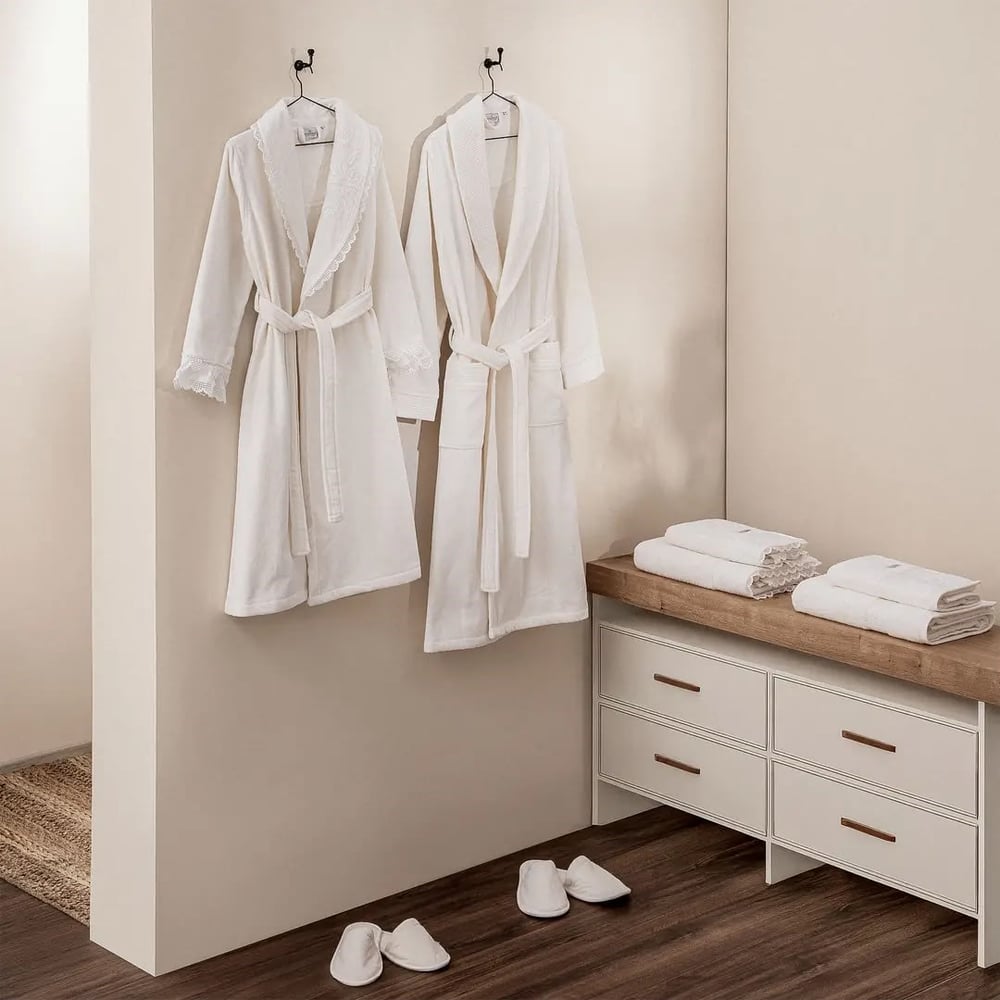 Eco Cotton Paye Aile Bornoz Seti Organik Pamuk Krem-Krem M/L