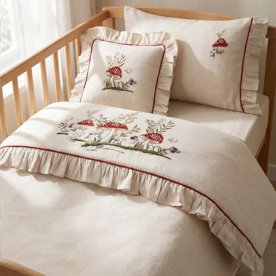 Ecocotton Meyra Bebek Nevresim Takımı Organik Pamuk Keten El Nakışlı Bej