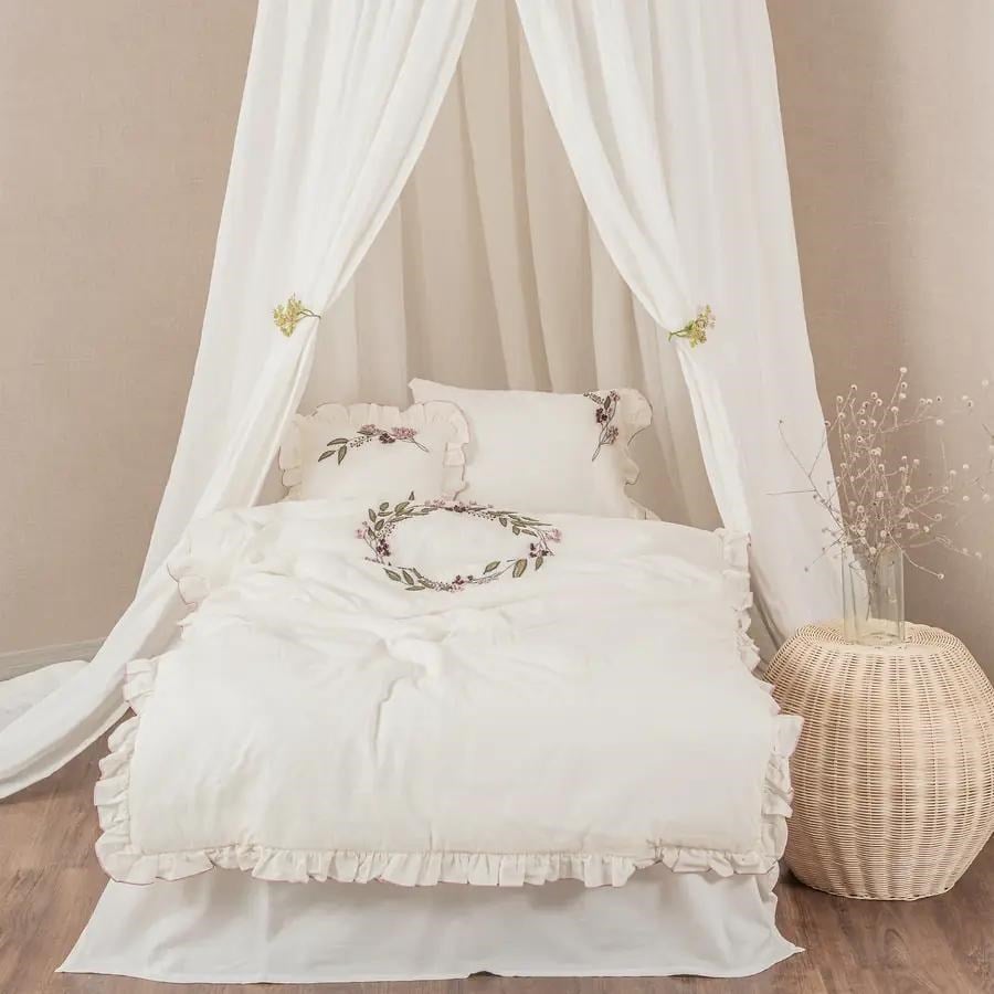 Ecocotton Olivia Kız Bebek Nevresim Takımı Organik Pamuk Keten El Nakışlı Krem