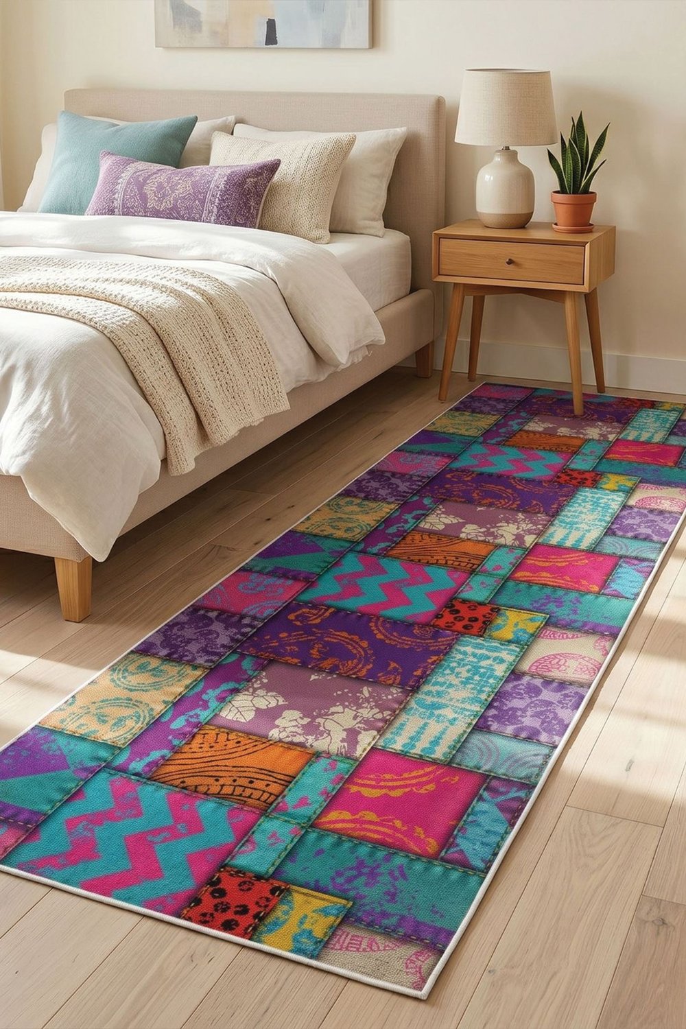 Flower Patchwork Desenli Kaymaz Taban Makinede Yıkanabilir Dijital Baskılı Yolluk Halı Kilim