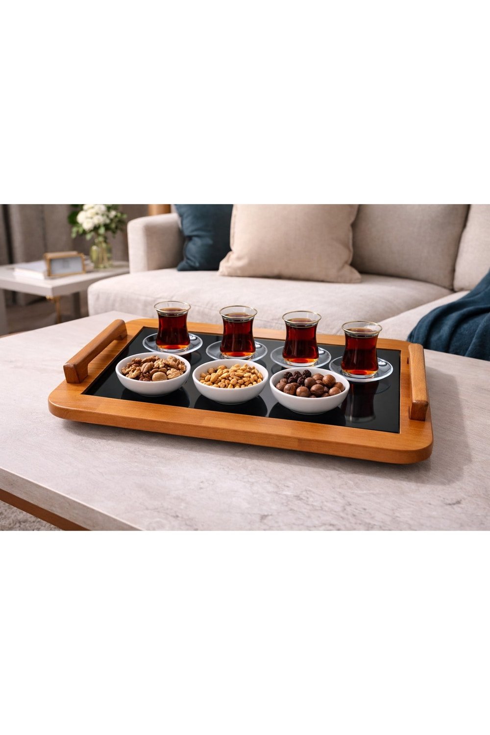 Ahşap Füme Aynalı Servis Tepsisi 48x29 cm – Modern Sunum Tepsisi