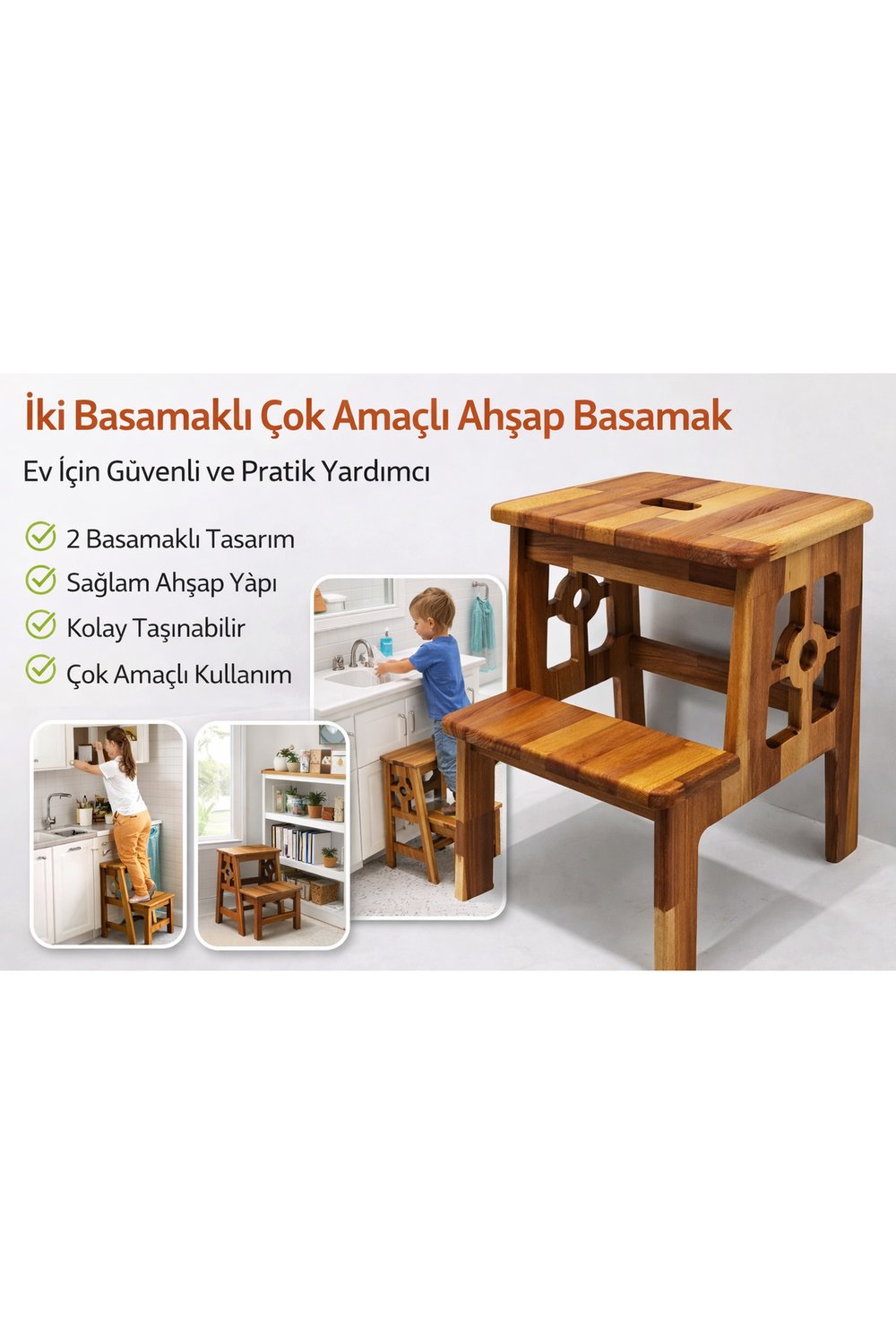 İki Basamaklı Çok Amaçlı Ahşap Basamak
