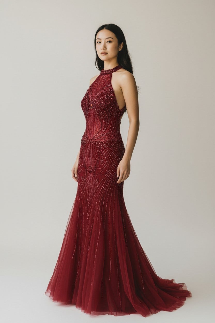 bordo halter yaka balık taşlı abiye
