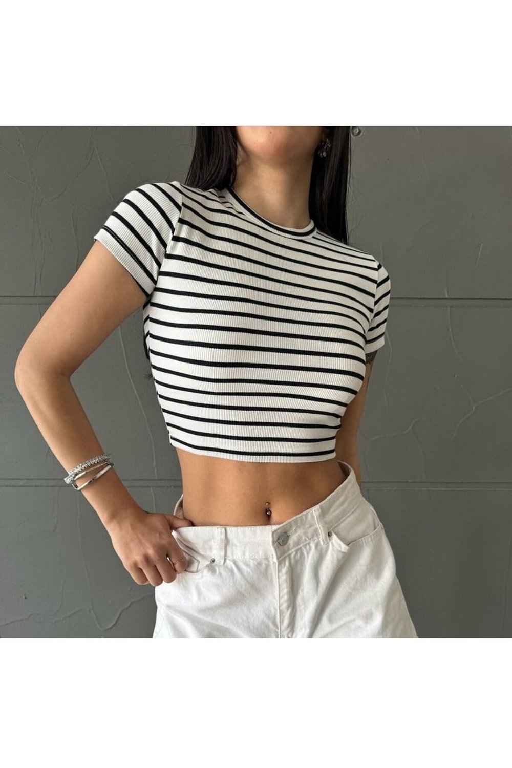 Çizgili Crop Rahat Kumaş