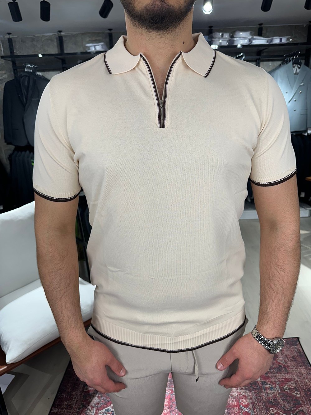 ÇİZİK POLO Y. FERMUARLI TRİKO TİŞÖRT | KREM